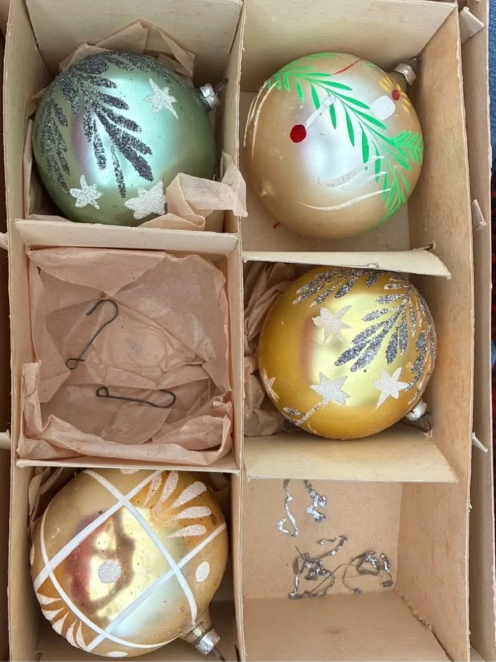 Vintage Gold and Green Glass German Christmas Ornaments